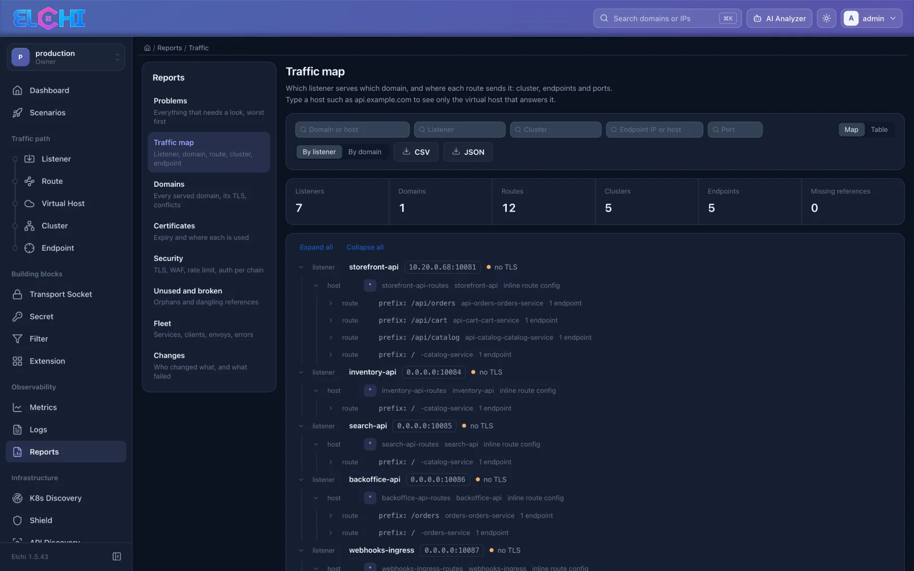 Traffic map report — listeners, domains, routes, clusters and endpoints