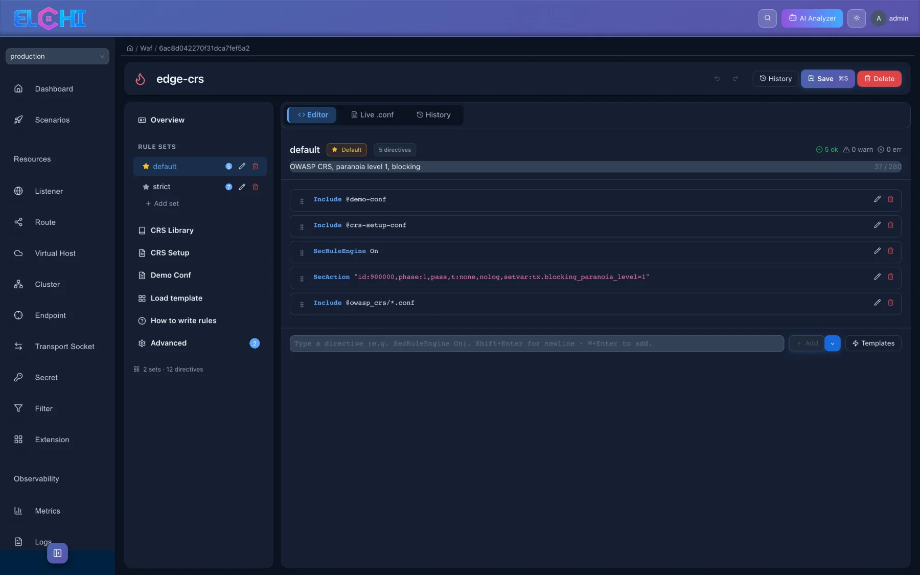 A WAF configuration — directive sets on top of the OWASP CRS