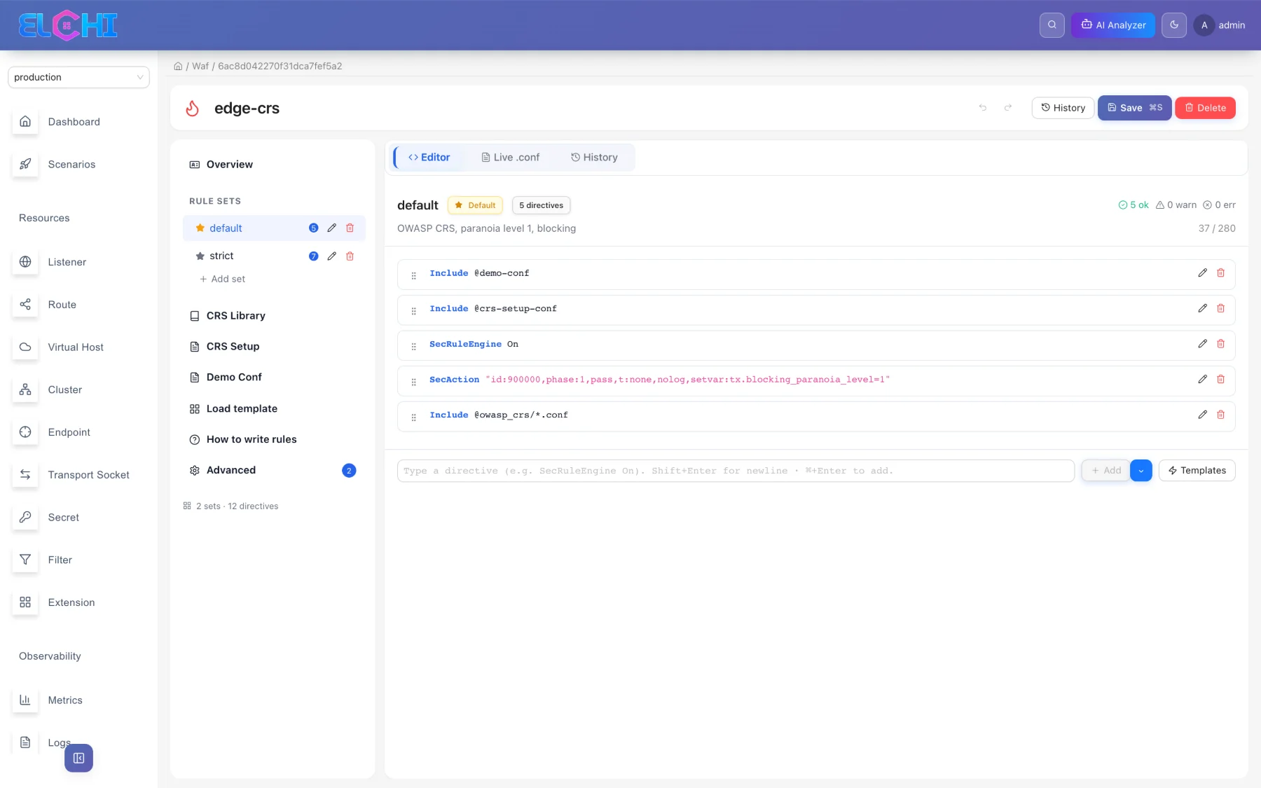 A WAF configuration — directive sets on top of the OWASP CRS